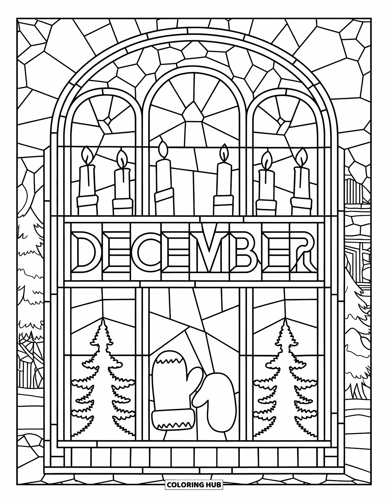 December Coloring Page for Adults: Frosted stars and pine panels decorate a stained glass layout with "December"