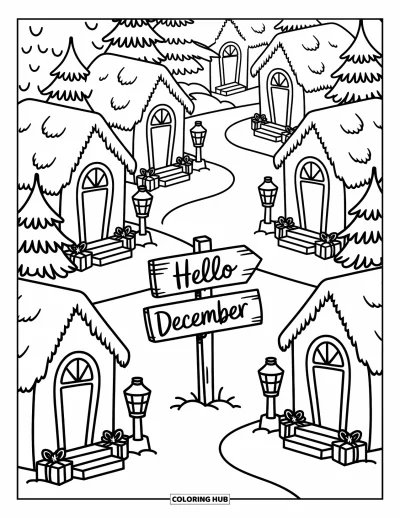 Decemberi kifestő felnőtteknek: Jeges tetők és lámpások díszítik a havas falut egy fa "Hello December" táblával