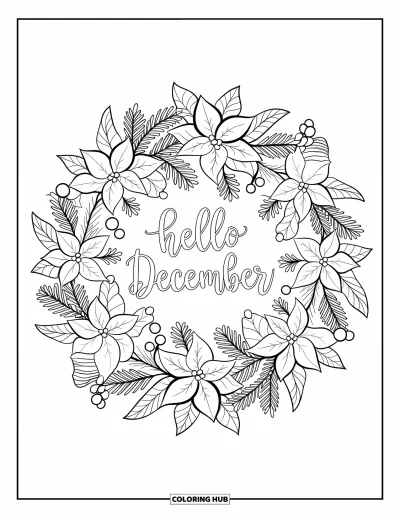 Decemberi kifestő felnőtteknek: A "Hello December" ragyog egy mikulásvirágos és tobozos mandala közepéből