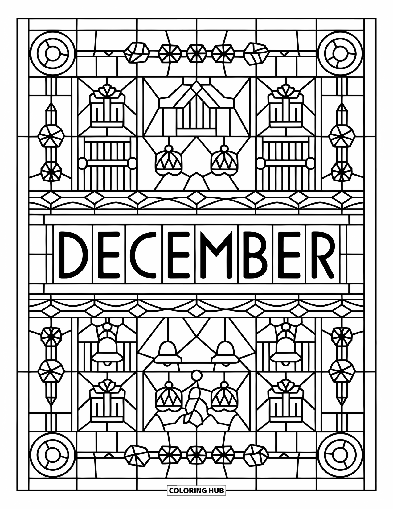 December Coloring Page for Adults: Holiday icons like bells and cabins form a stained glass frame around "December"