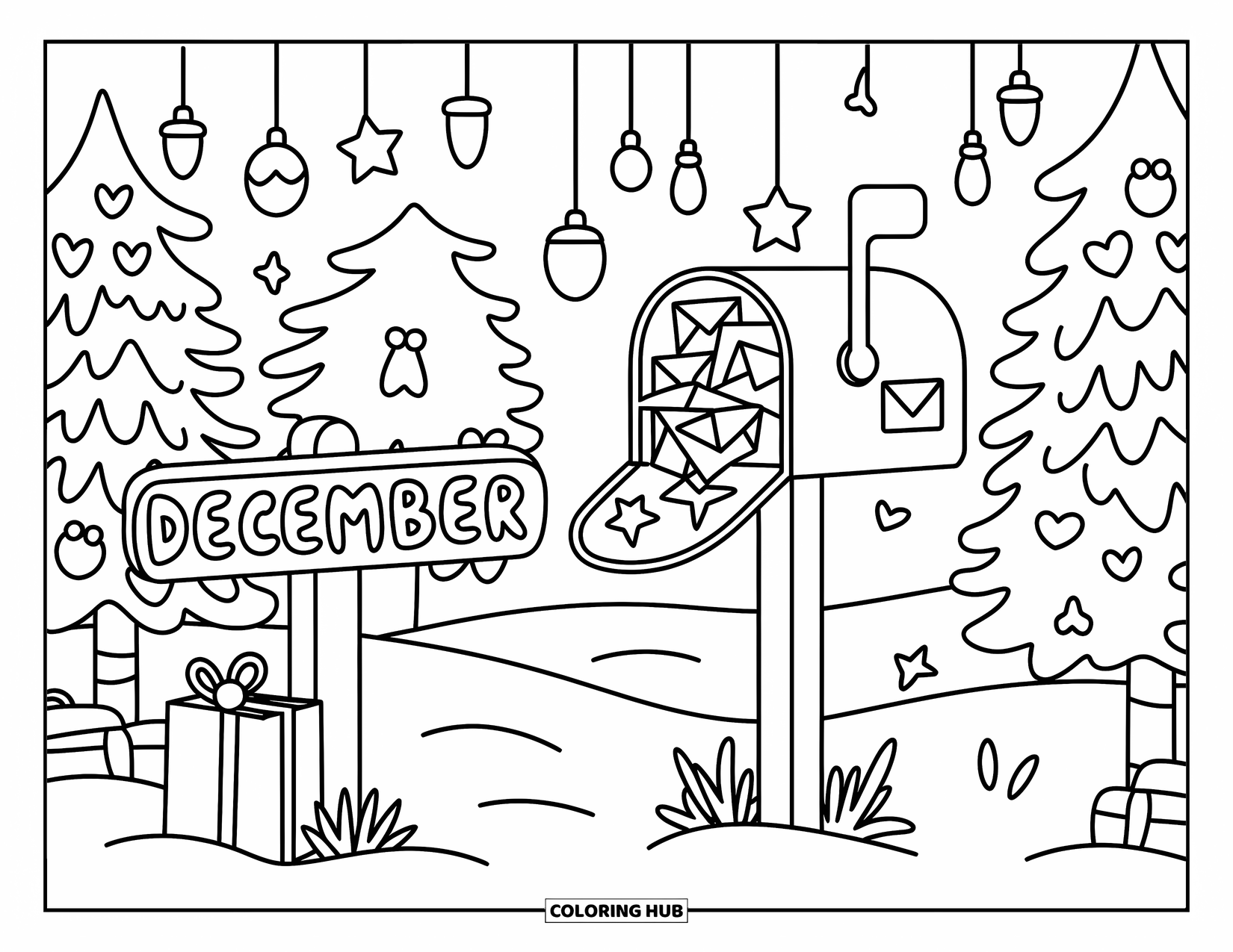 December Coloring Page for Adults: Holiday mail spills from a snowy mailbox beside a "December" sign and decorated trees