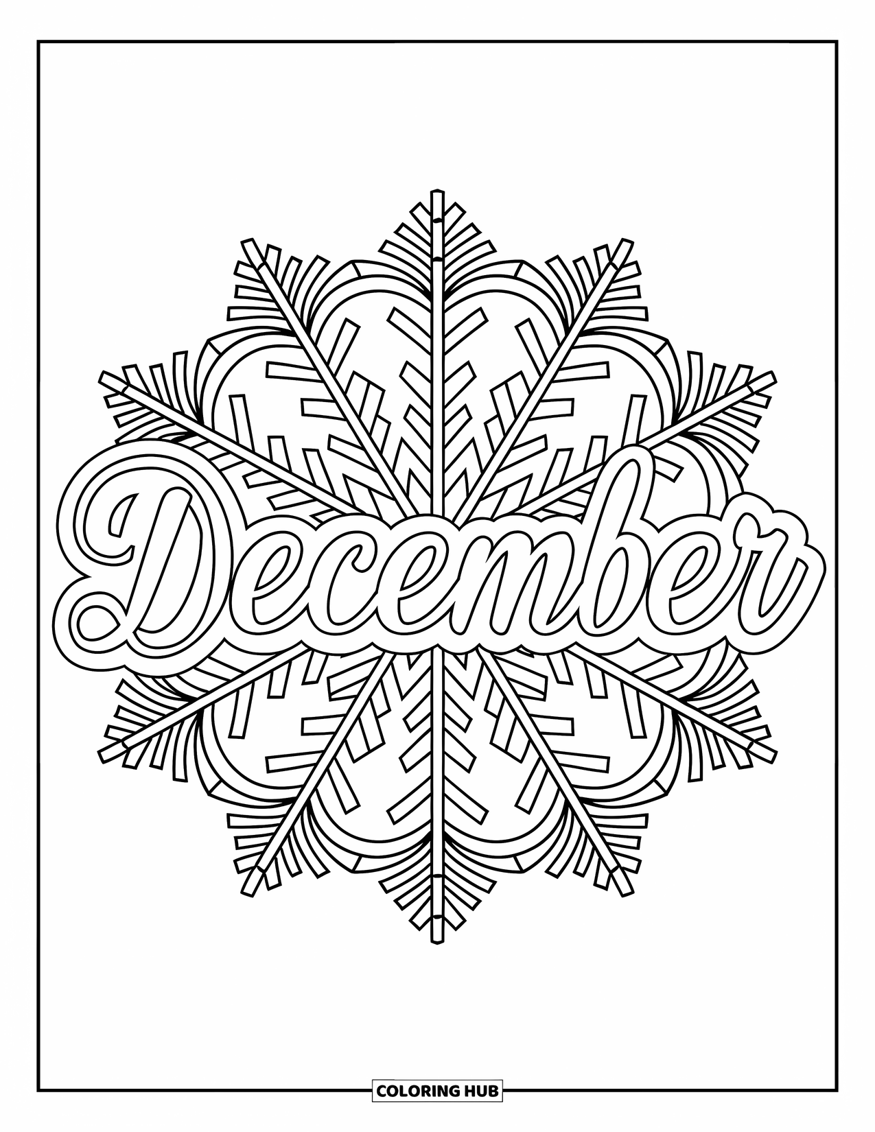 December Coloring Page for Adults: Layers of snowflakes and pine swirl around "December" in a circular mandala