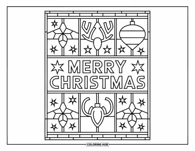 Decemberi kifestő felnőtteknek: A "Merry Christmas" felirat ünnepi formákkal díszített ólomüveg keret közepén áll