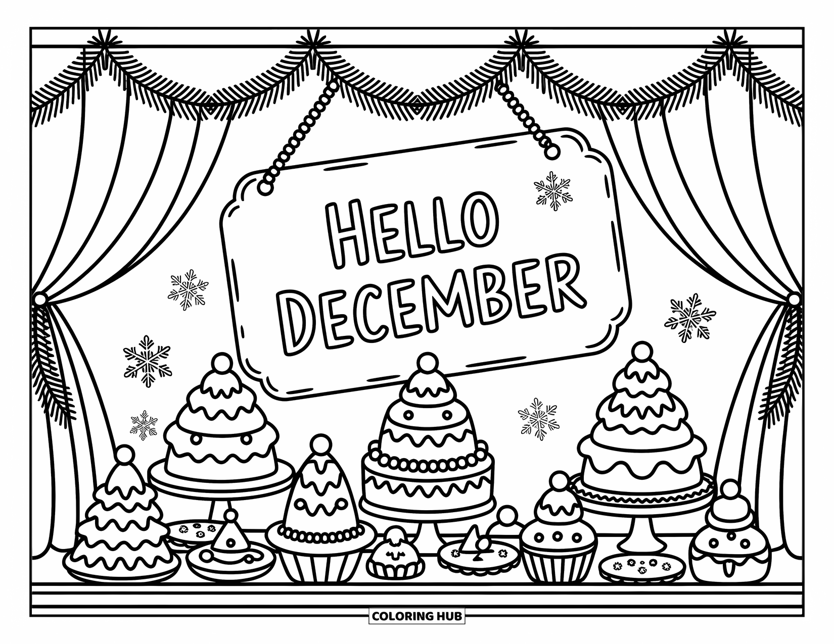 December Coloring Page for Adults: Mini cakes and cookies shaped like trees and snowflakes sparkle under a "Hello December" sign