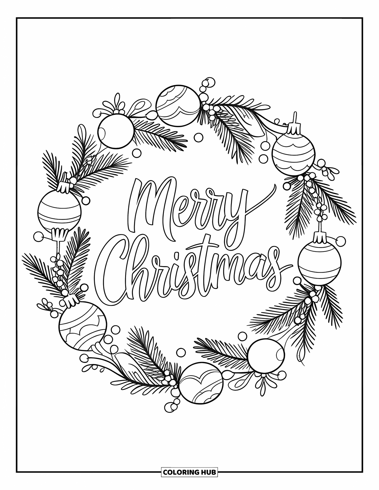 December Coloring Page for Adults: Pine branches and ribbon swirl into a wreath mandala with "Merry Christmas" inside