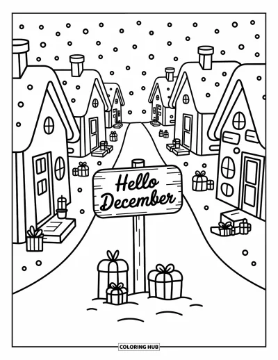 Decemberi kifestő felnőtteknek: Havas házikók és lámpások veszik körül a "Hello December" feliratú útjelzőt a faluban