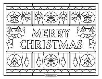 Decemberi kifestő felnőtteknek: Csillagok, agancsok és díszek keretezik a középen álló "Merry Christmas" feliratot ólomüveg stílusban