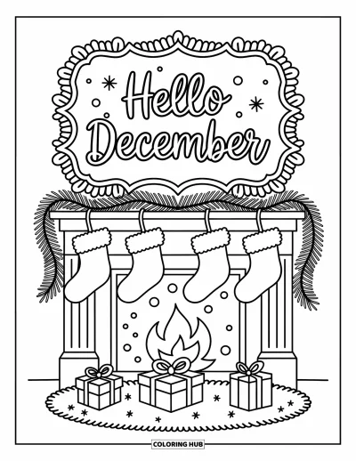 Decemberi kifestő felnőtteknek: Zoknik lógnak a meleg kandalló felett, miközben a "Hello December" ragyog egy keretből