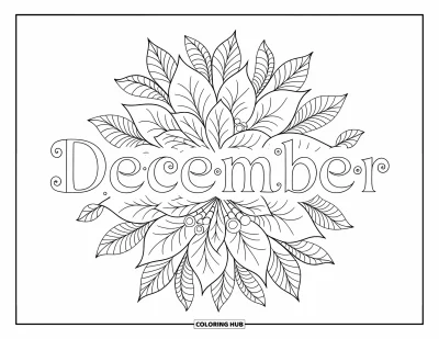 Decemberi kifestő felnőtteknek: A "December" szó egy részletes mikulásvirágos és leveles mandala belsejéből virágzik