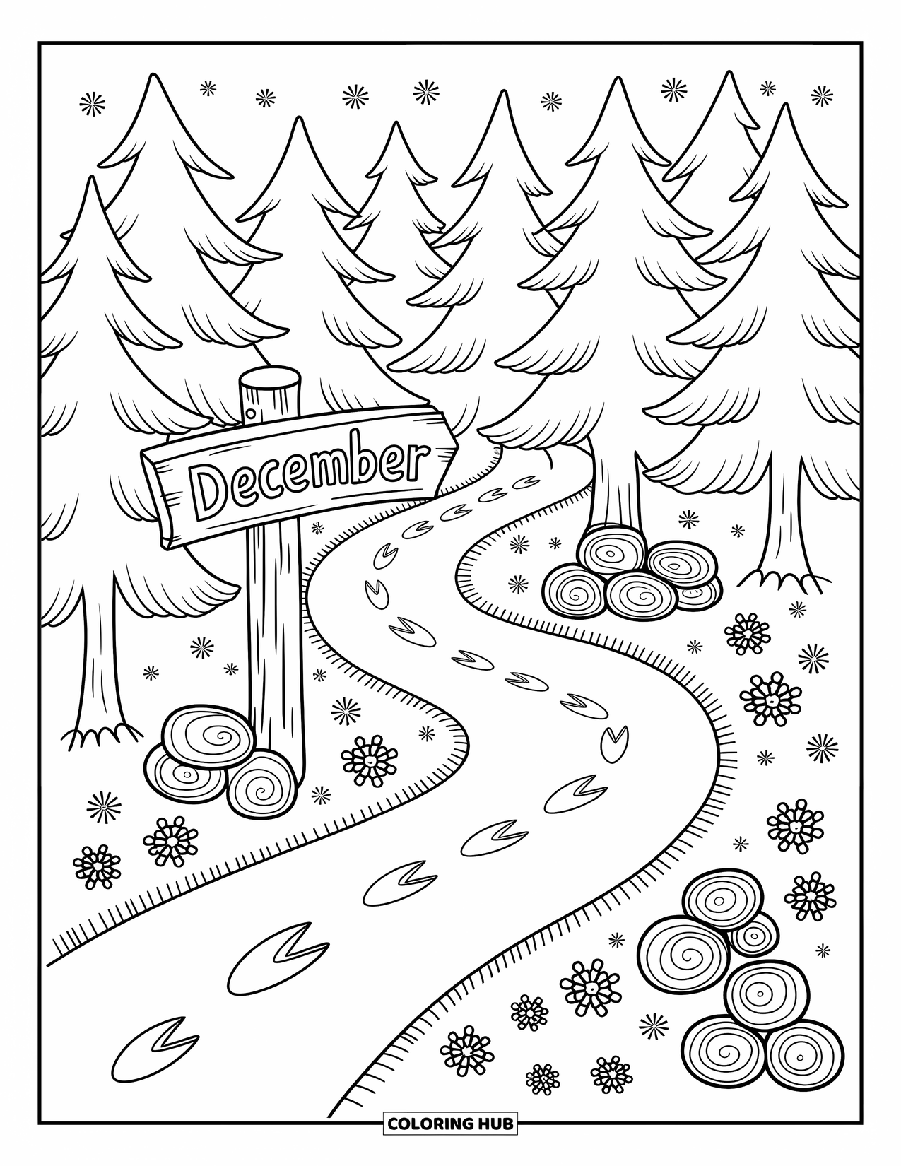 December Coloring Page for Adults: Tiny birds and pinecones line a trail through snowy woods with a "December" sign