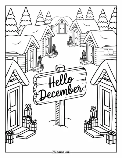 Decemberi kifestő felnőtteknek: Apró ajándékok és fácskák veszik körül a házikókat egy havas "Hello December" tábla mellett