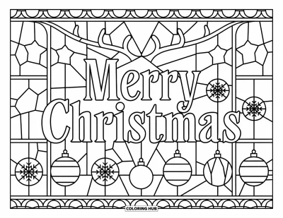 Decemberi kifestő felnőtteknek: Ablaktáblák alkotnak ólomüveg keretet a félkövér "Merry Christmas" felirat körül