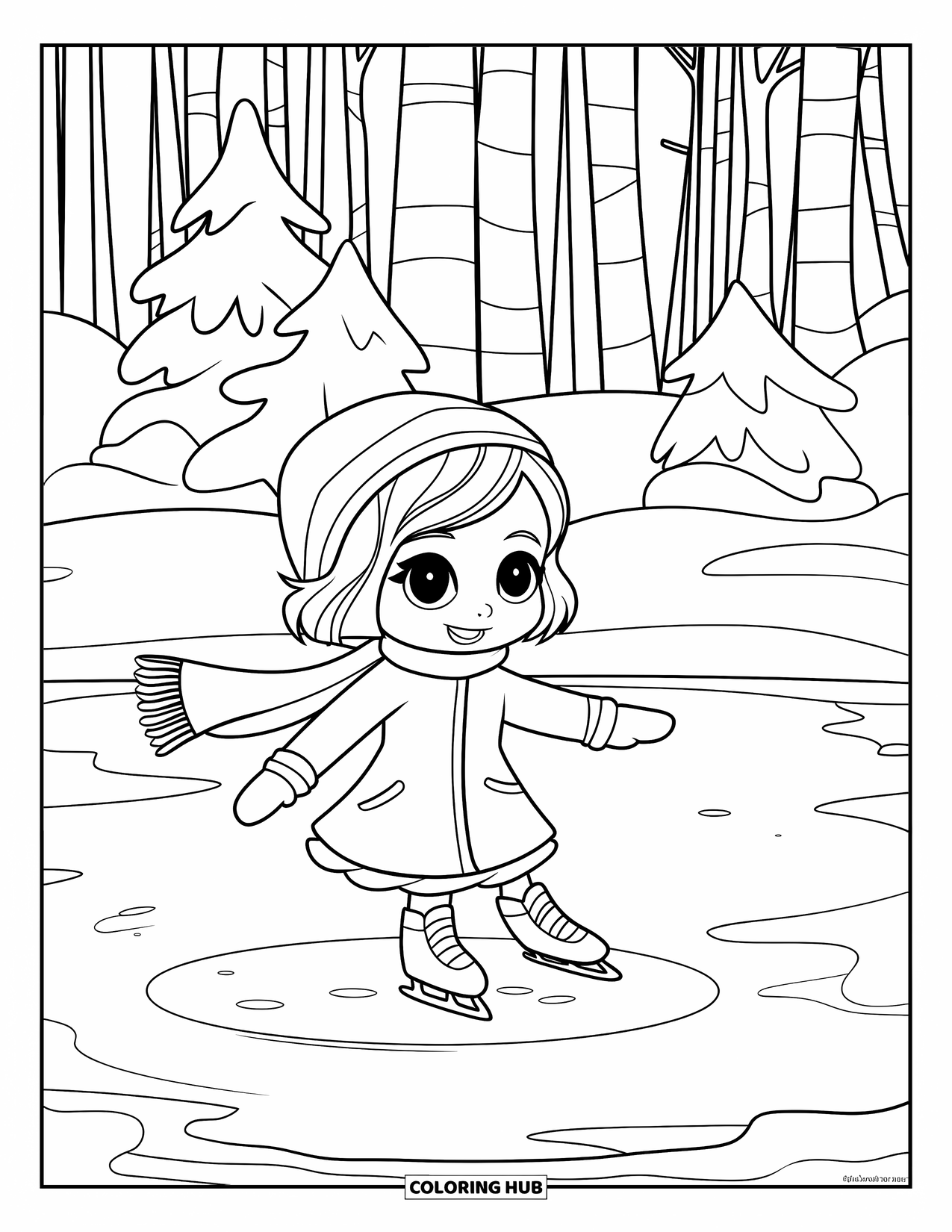 December Coloring Page for Kids: A bundled-up chibi girl glides across a frozen pond surrounded by a snowy forest