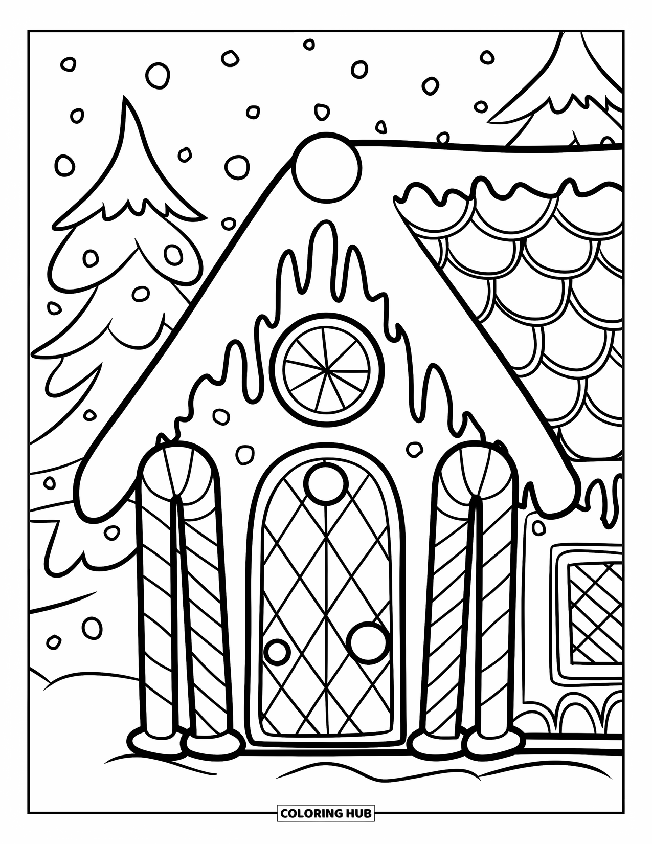 December Coloring Page for Kids: A candy-decorated gingerbread house sits in a snowy forest with gumdrops and frosting