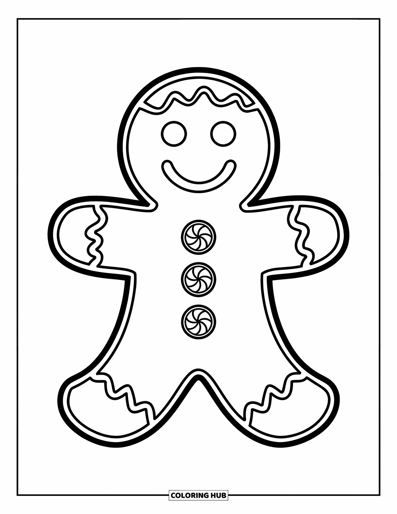 December Coloring Page for Kids: A cheerful gingerbread man with frosting details and candy buttons stands tall
