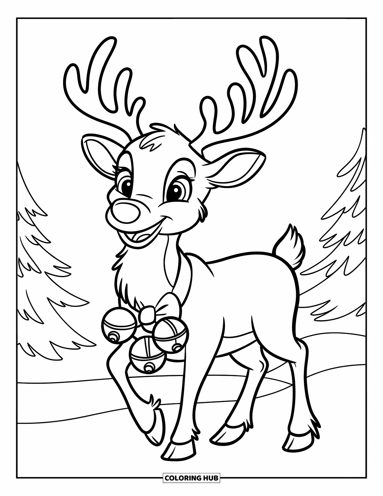 December Coloring Page for Kids: A cheerful reindeer with jingle bells and a big nose stands on snowy ground