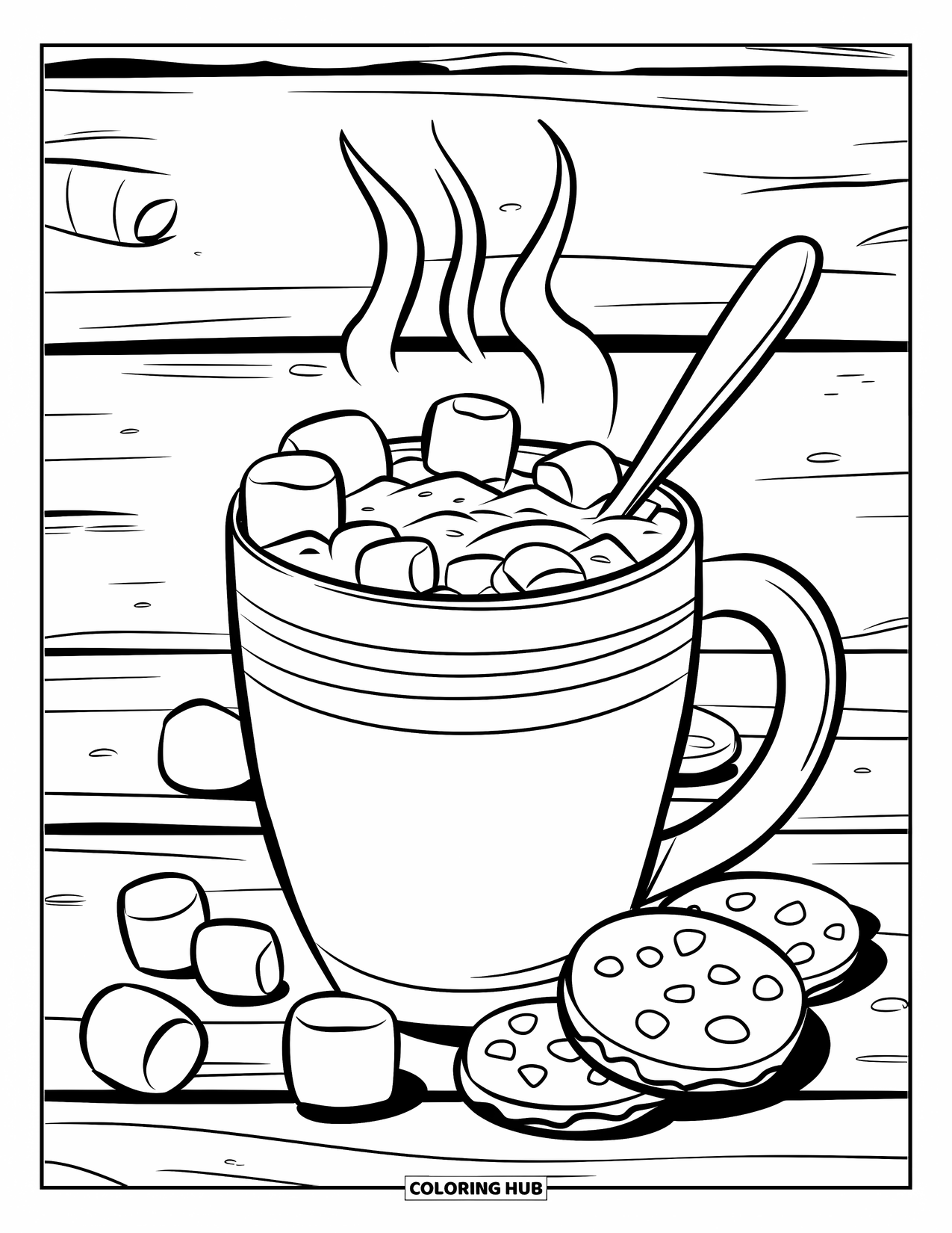 December Coloring Page for Kids: A cozy mug of cocoa and cookies sits among fallen marshmallows on a wooden surface