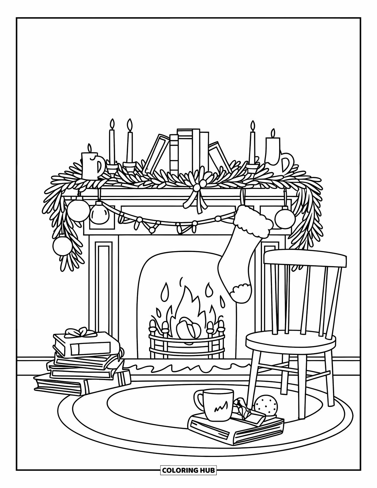 December Coloring Page for Kids: A festive fireplace glows with stockings, books, and holiday decorations