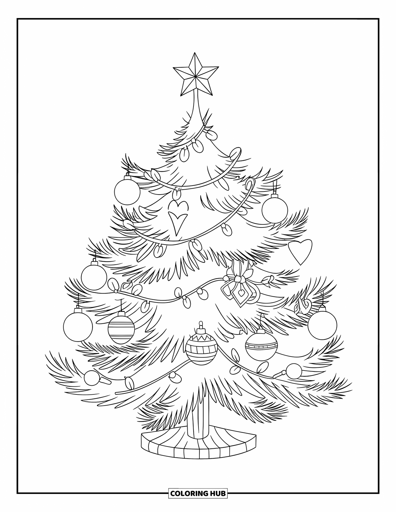 December Coloring Page for Kids: A festive tree close-up shows ornaments, lights, and a star-topped wooden base