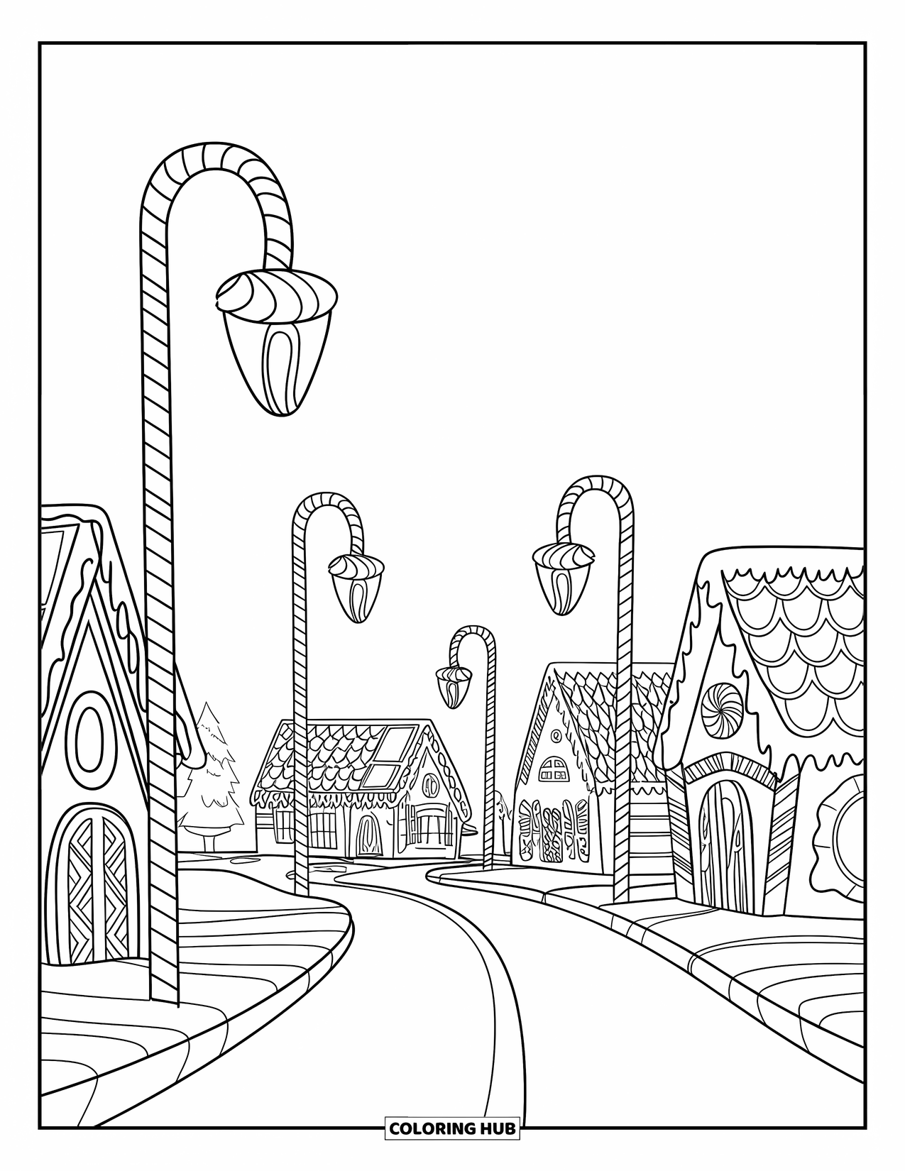 December Coloring Page for Kids: A gingerbread village with frosting roads and candy lights stretches under a clear sky