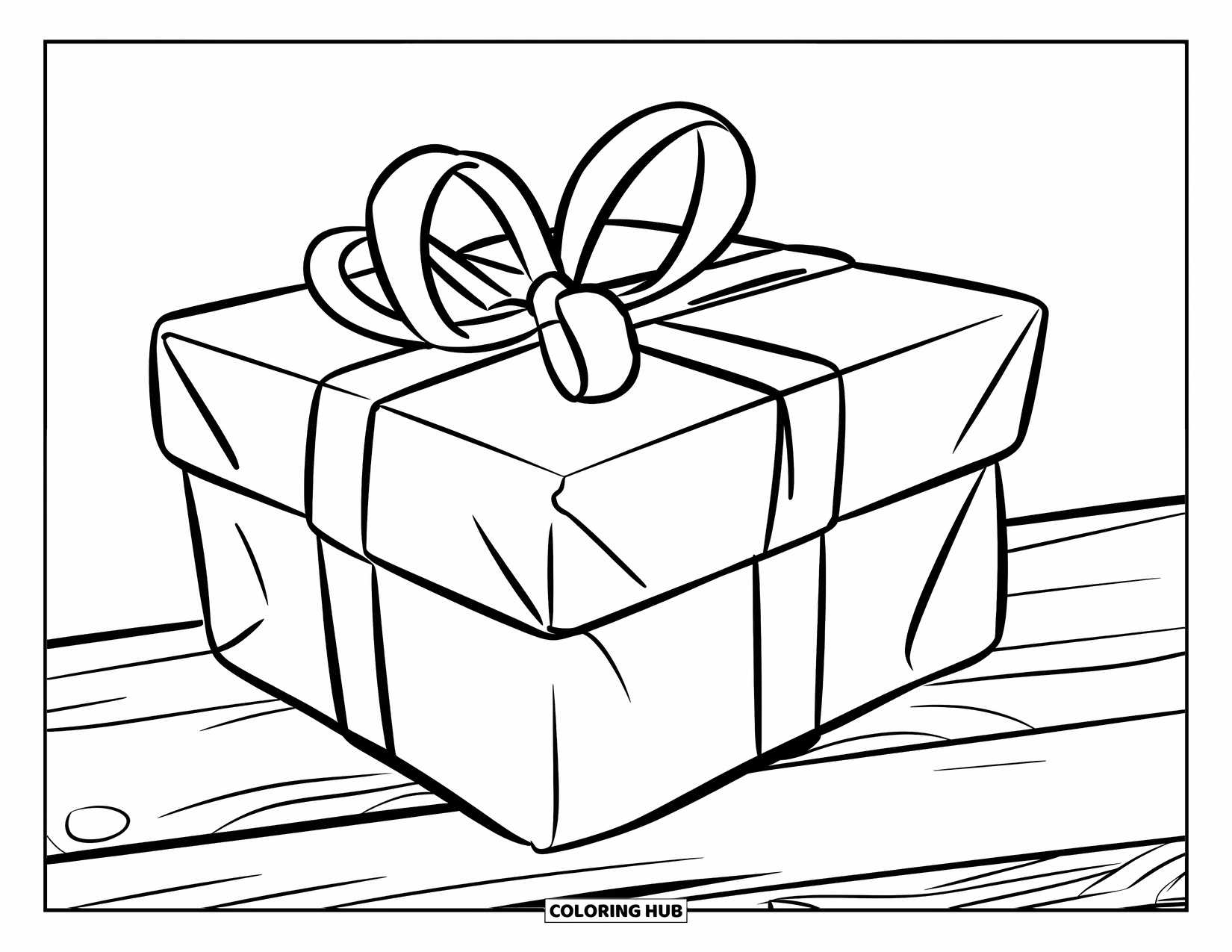 December Coloring Page for Kids: A hand holds a wrapped gift with a curling ribbon and clean outlines