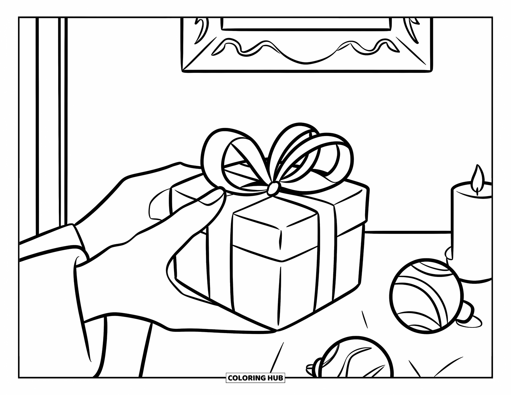 December Coloring Page for Kids: A hand offers a gift beside ornaments, a candle, and a wall frame