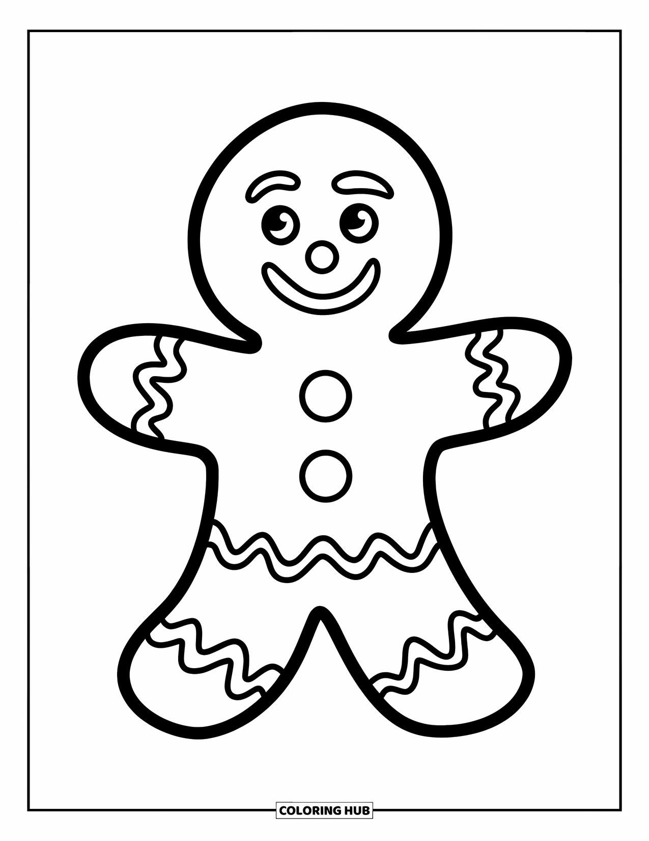 December Coloring Page for Kids: A happy gingerbread man with candy buttons and frosting lines stands on white background