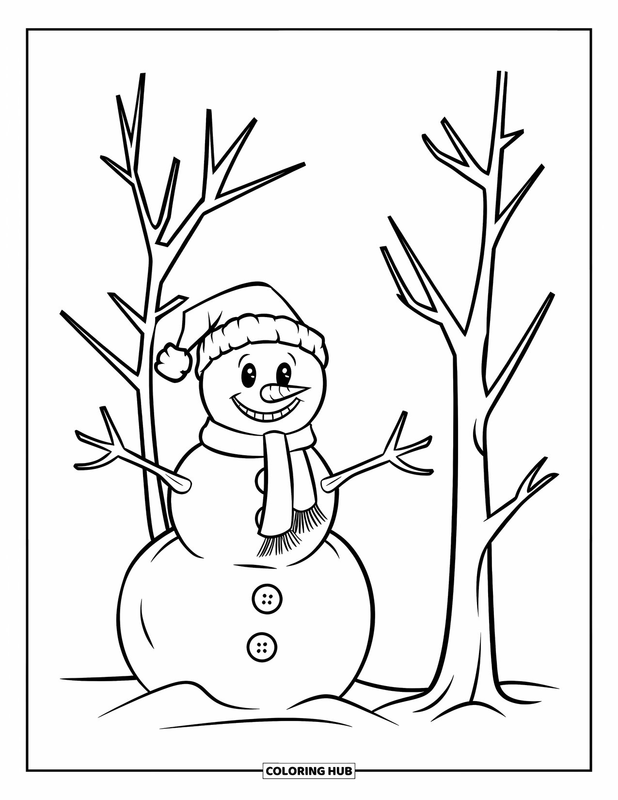 December Coloring Page for Kids: A happy snowman with a scarf stands beside a bare tree on a white hill