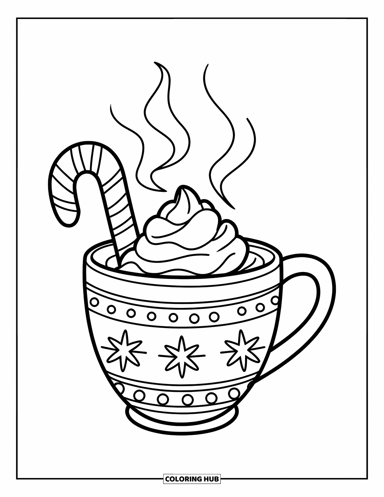 December Coloring Page for Kids: A hot drink with whipped cream and candy cane steams gently on a white background