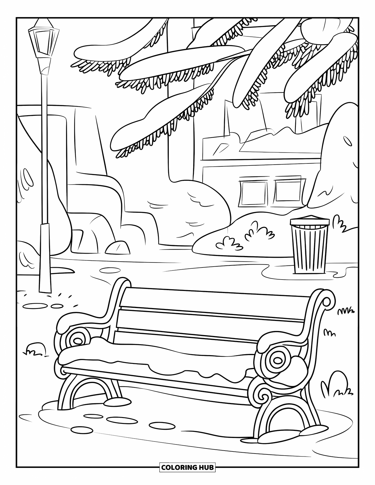 December Coloring Page for Kids: A park bench lies under snow and pine branches with soft surrounding details