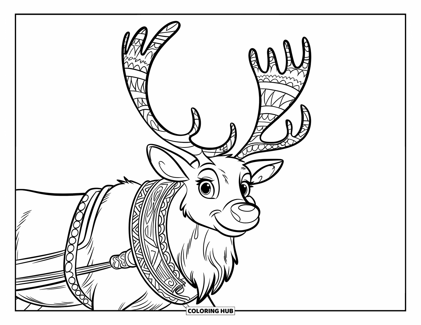 December Coloring Page for Kids: A playful reindeer stands with patterned antlers and a sleigh harness