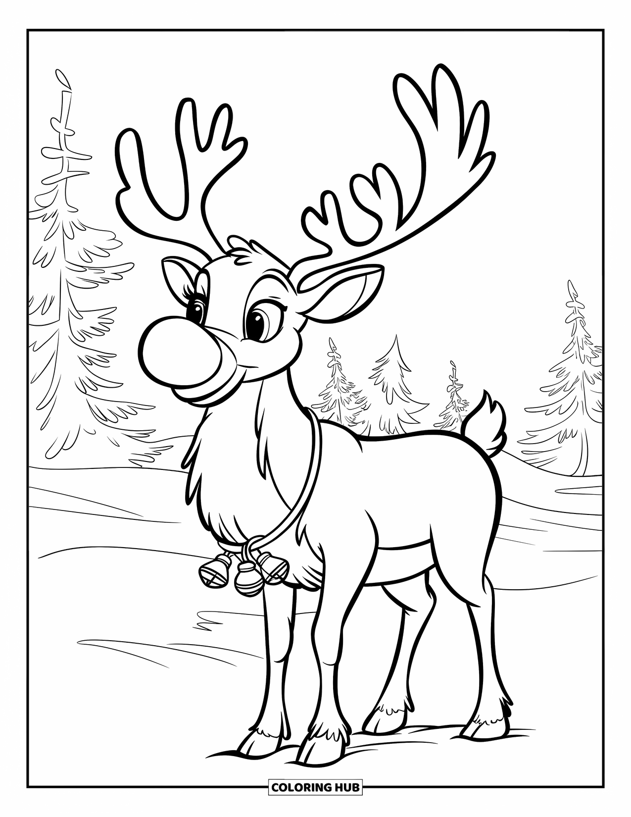 December Coloring Page for Kids: A reindeer with a big round nose and bells stands on a snowy field