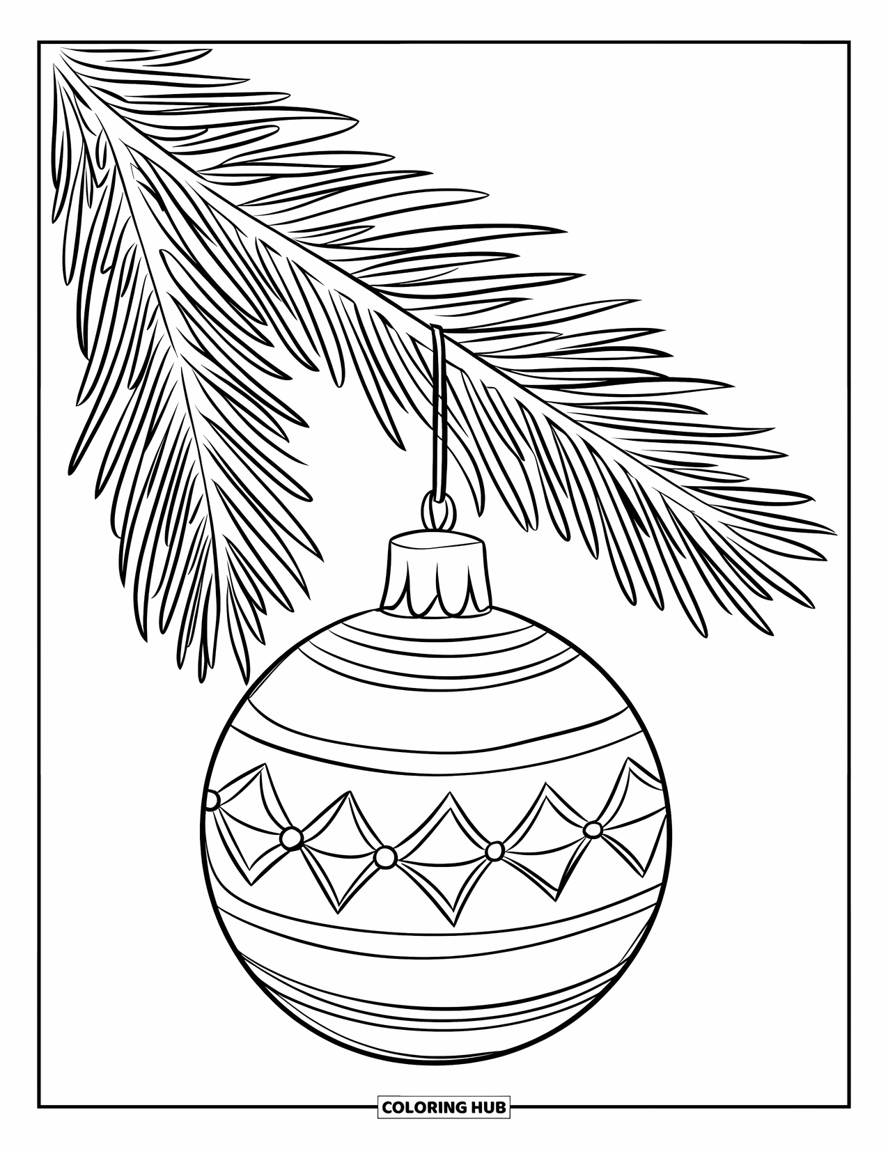 December Coloring Page for Kids: A round ornament with a star hangs from a bold pine branch