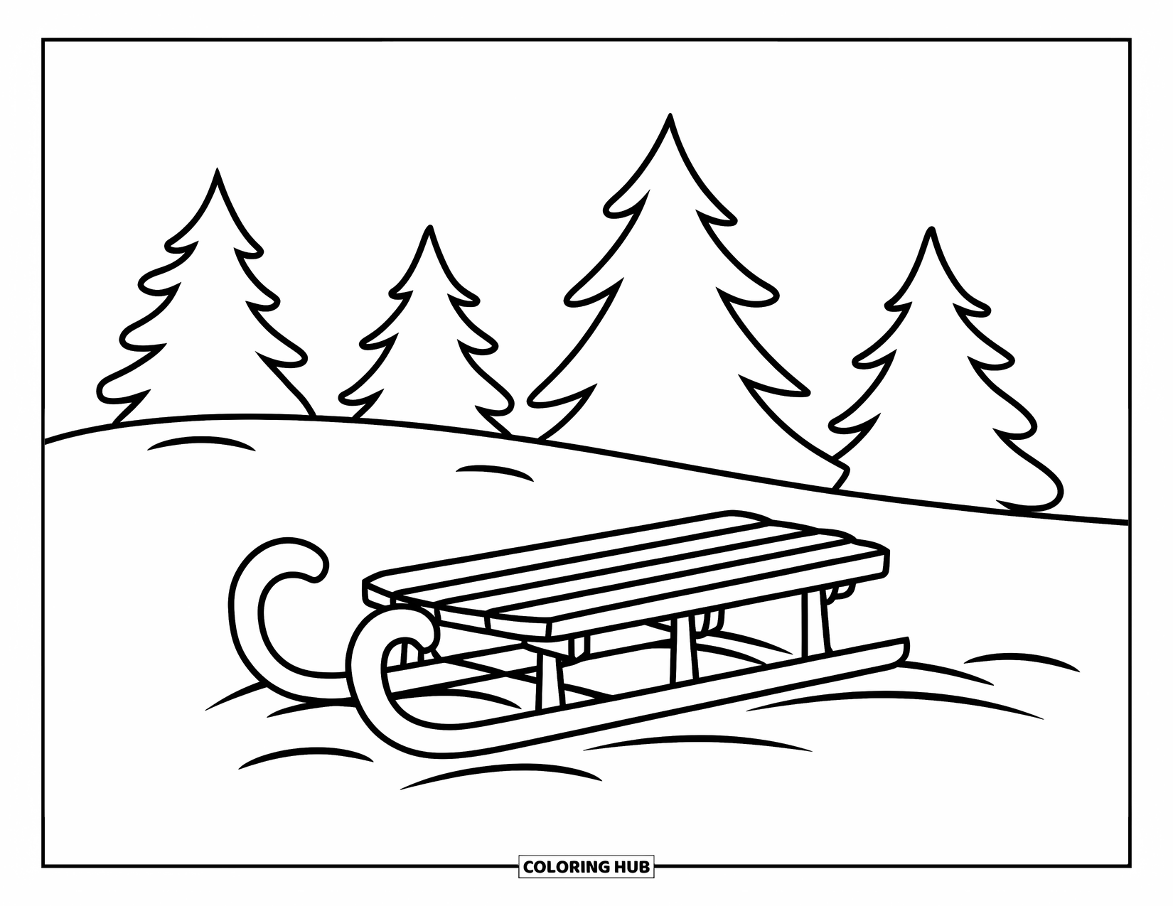 December Coloring Page for Kids: A simple sled waits on a snowy hill with a forest of pine trees behind