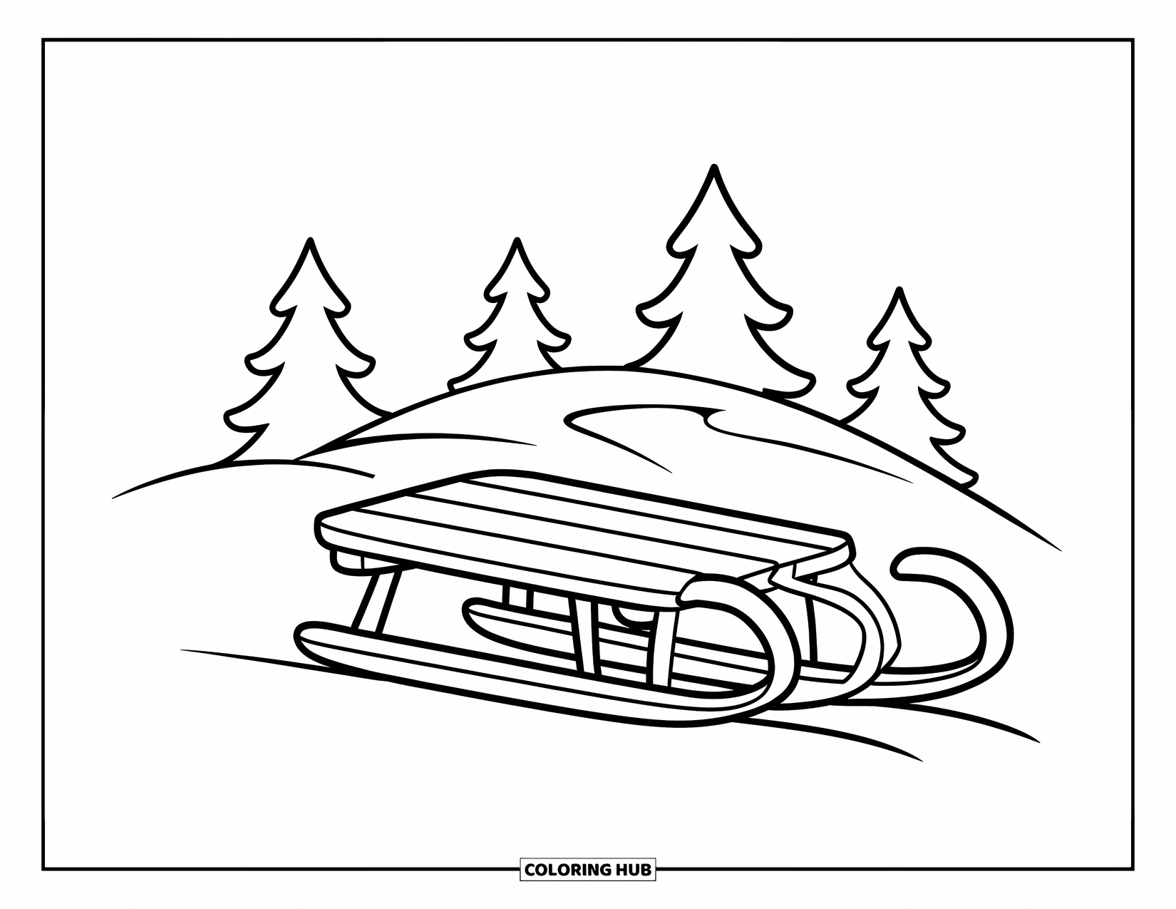 December Coloring Page for Kids: A sled rests on a snowy hill with pine trees in the background