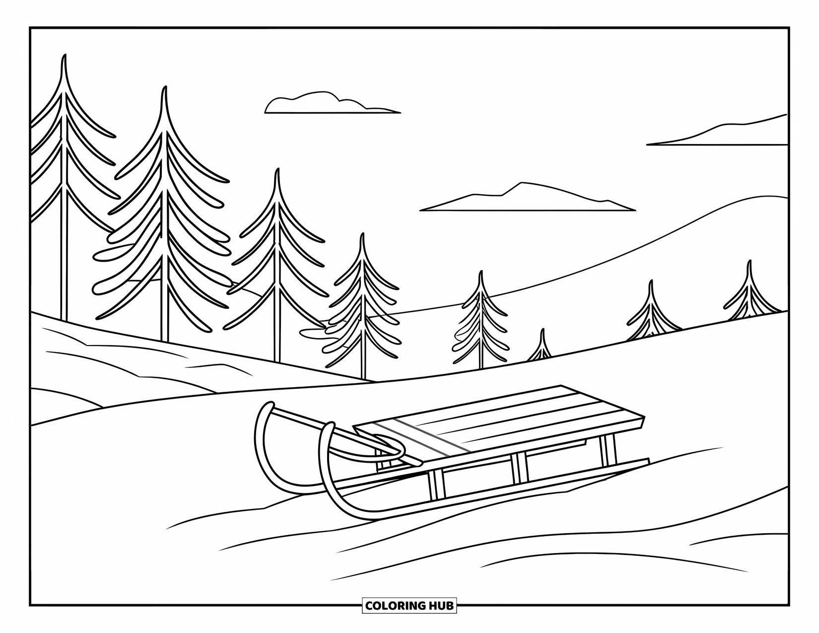 December Coloring Page for Kids: A sled sits on snowy ground surrounded by tall pine trees and a clear sky