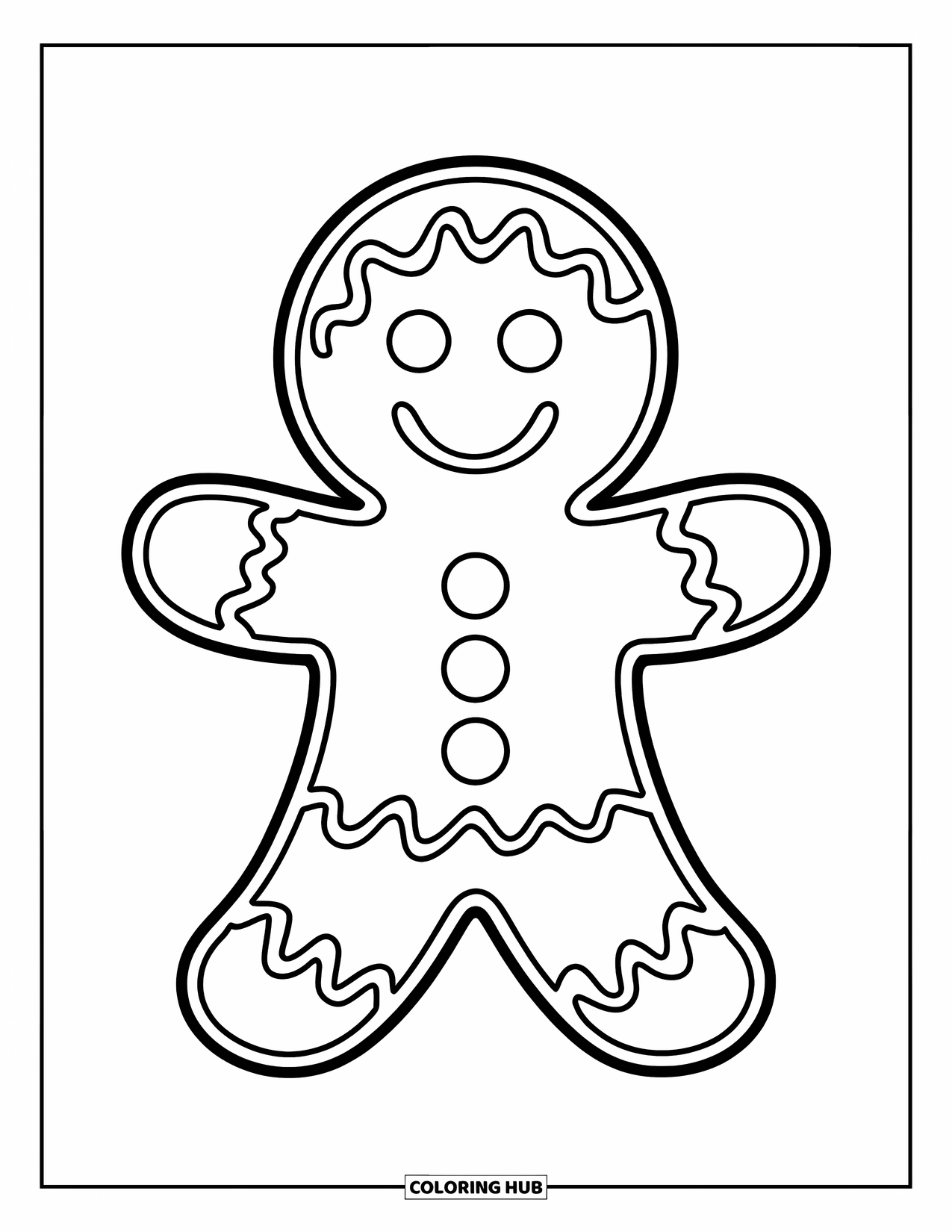 December Coloring Page for Kids: A smiling gingerbread man stands proudly with candy buttons and frosting lines