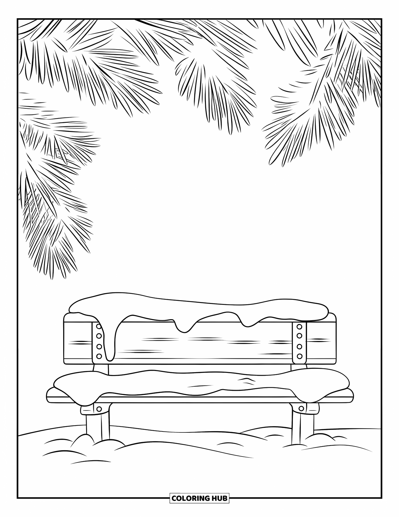 December Coloring Page for Kids: A snow-covered bench sits under pine branches in a peaceful park
