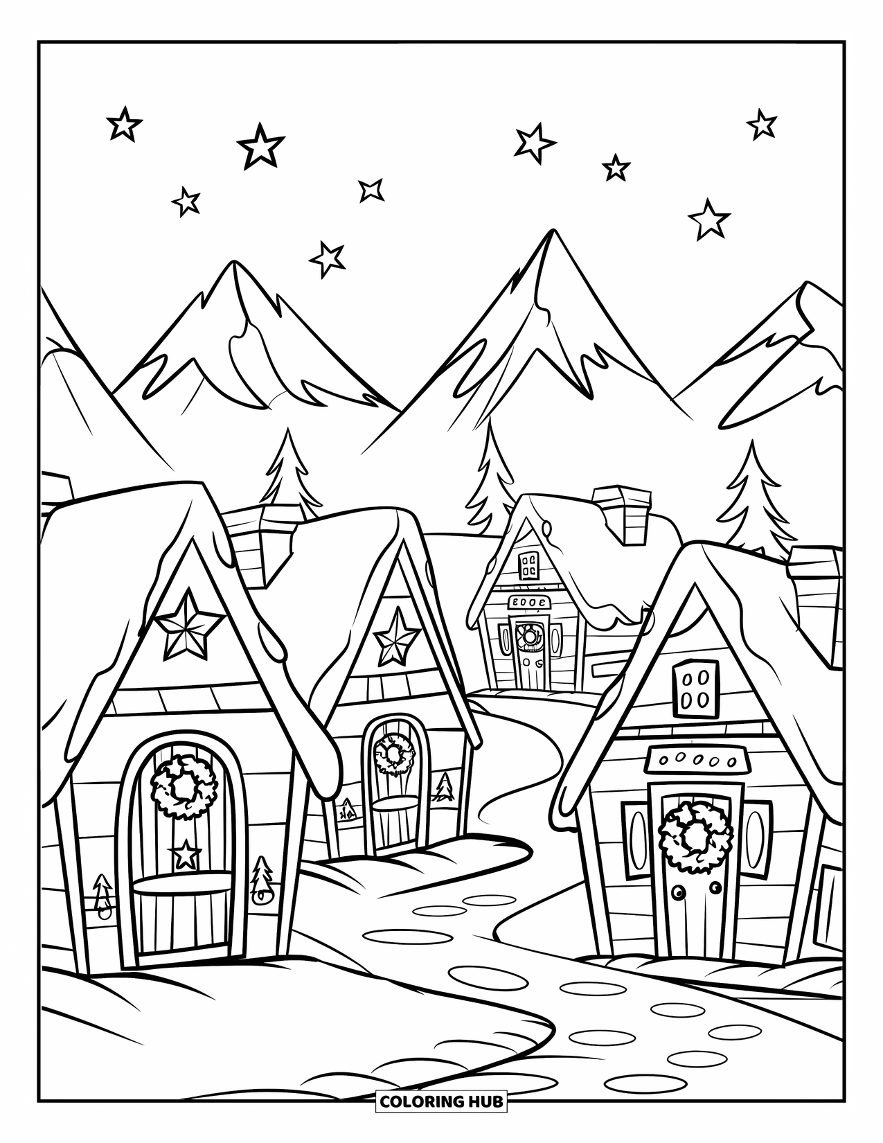 December Coloring Page for Kids: A snow-covered village with wreaths and stars glows under a starry sky