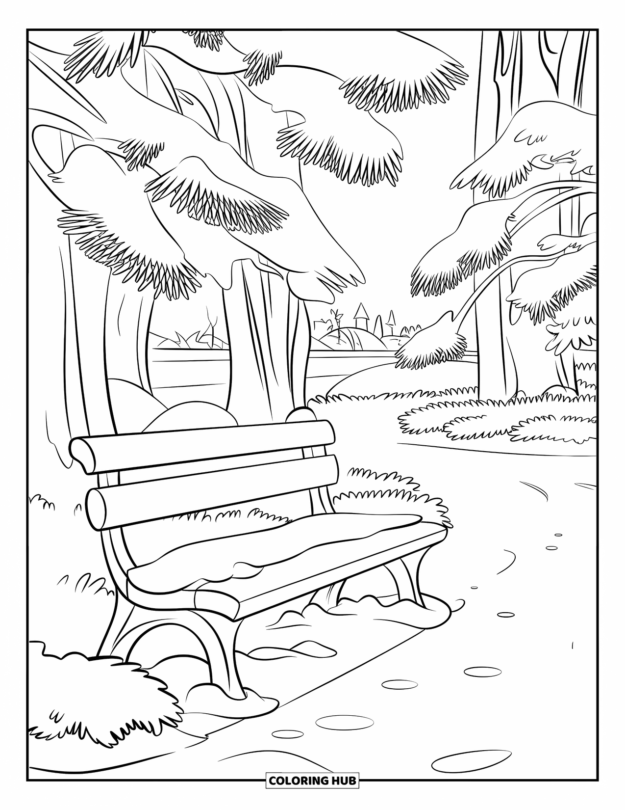 December Coloring Page for Kids: A snow-topped bench sits near tall trees and distant buildings