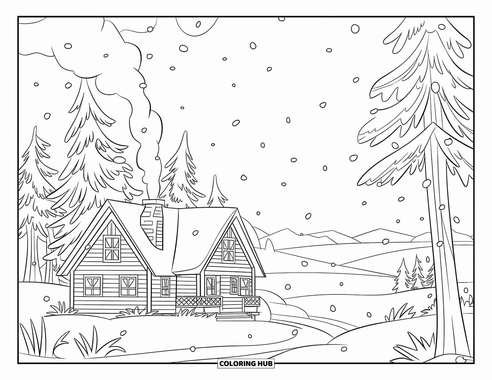 December Coloring Page for Kids: A snowy cabin scene features a thatched roof, tall trees, and mountain views