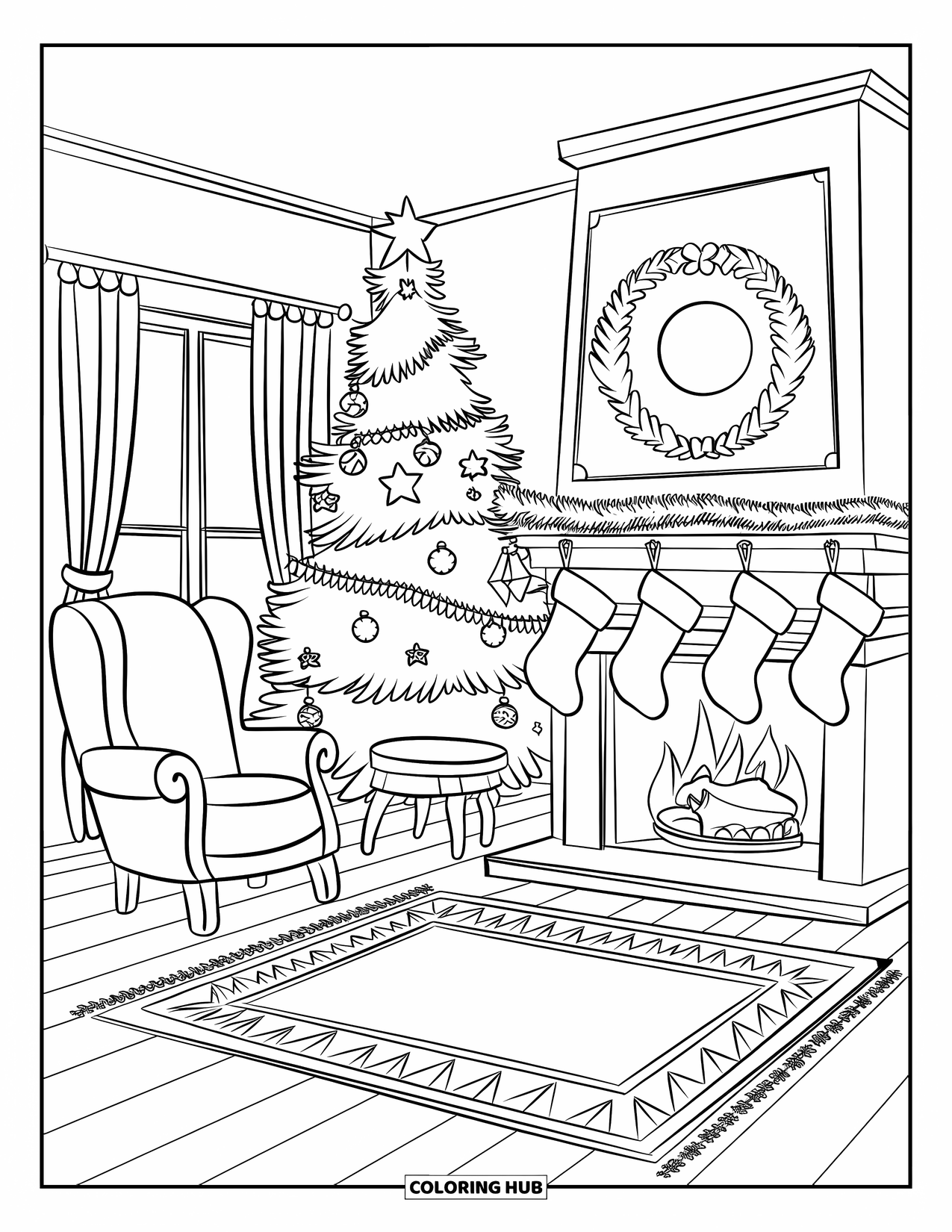 December Coloring Page for Kids: A warm room with stockings, a rug, and a tree sits ready for the holidays
