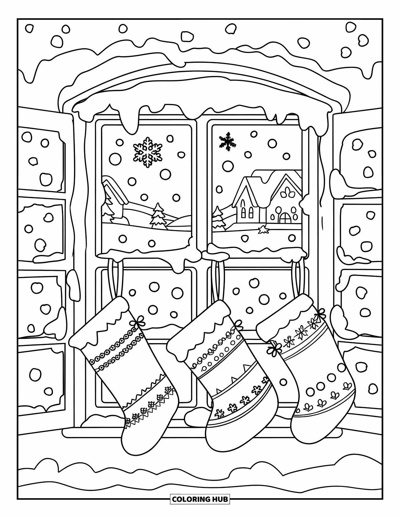 December Coloring Page for Kids: A window glows with light while snow falls outside and stockings hang inside