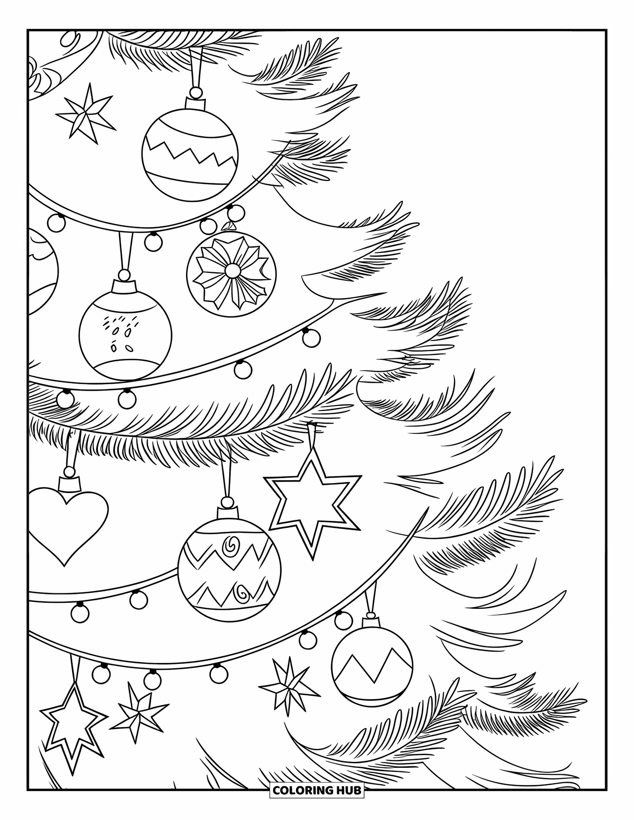 December Coloring Page for Kids: A zoomed-in Christmas tree sparkles with stars, hearts, and festive lights