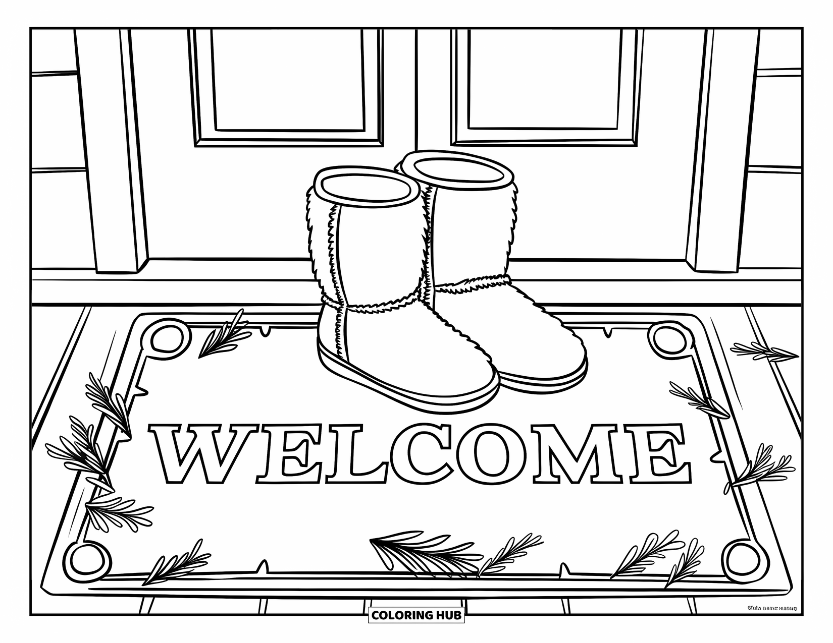 December Coloring Page for Kids: Boots and a welcome mat sit under a pine-dusted porch in winter