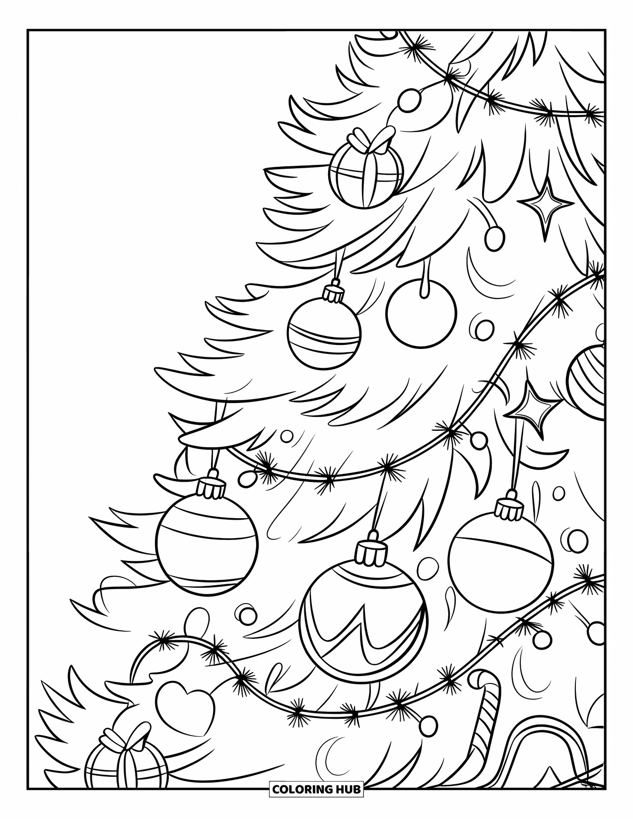December Coloring Page for Kids: Christmas ornaments and lights decorate a detailed close-up of a Christmas tree