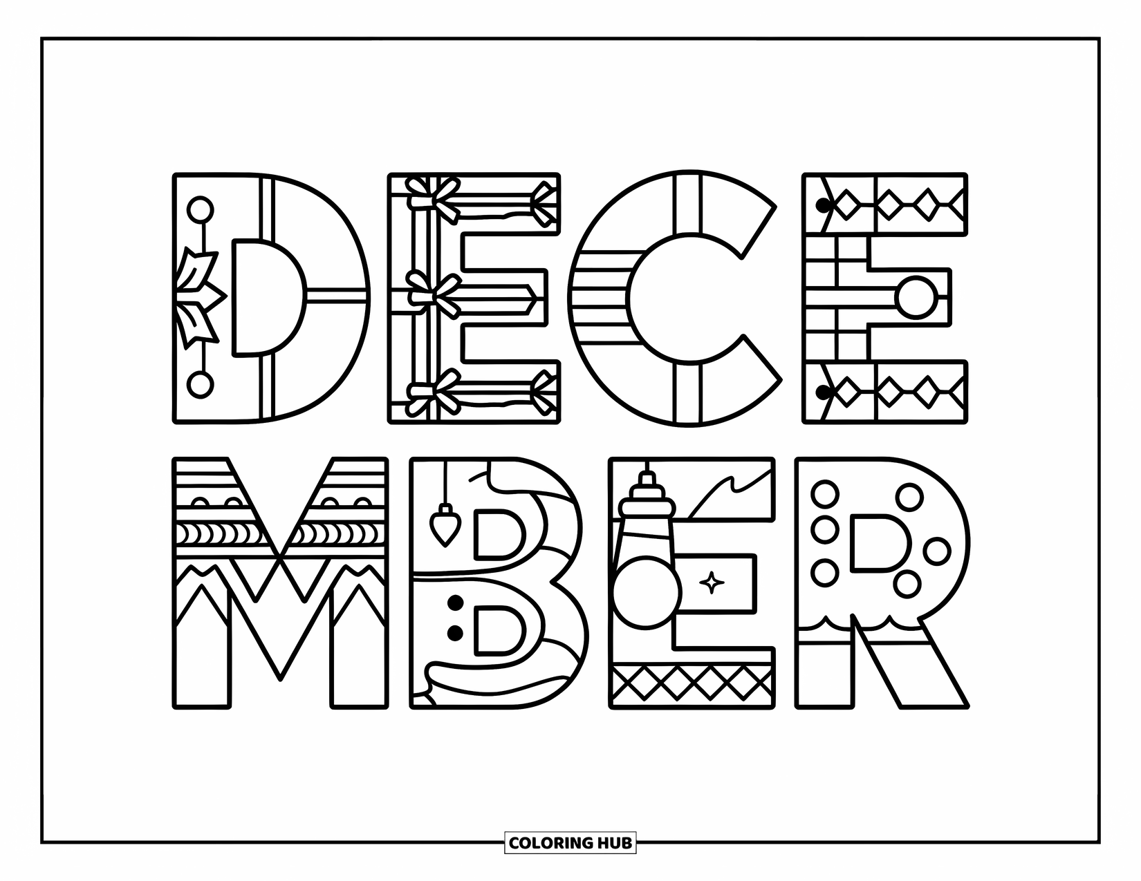 December Coloring Page for Kids: "December" is written in bold festive letters with gifts, bows, and ornaments inside