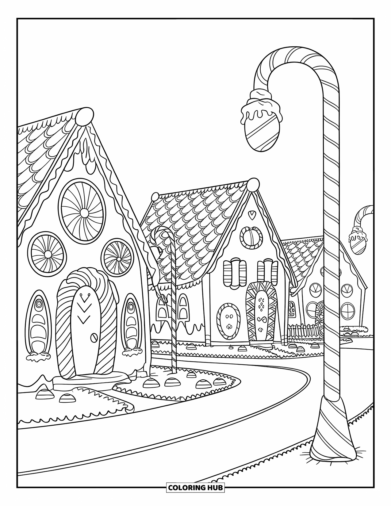 December Coloring Page for Kids: Gingerbread houses line frosting roads with candy cane lamp posts and sweet decorations
