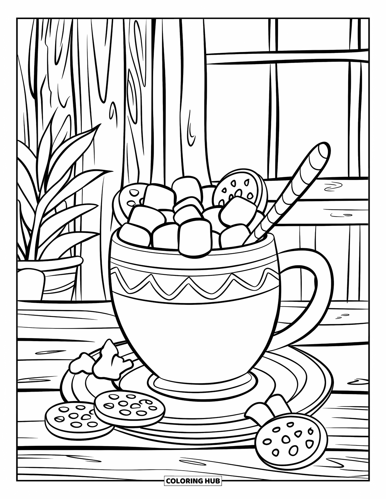 December Coloring Page for Kids: Hot cocoa and cookies rest on a wooden table near a rustic holiday window