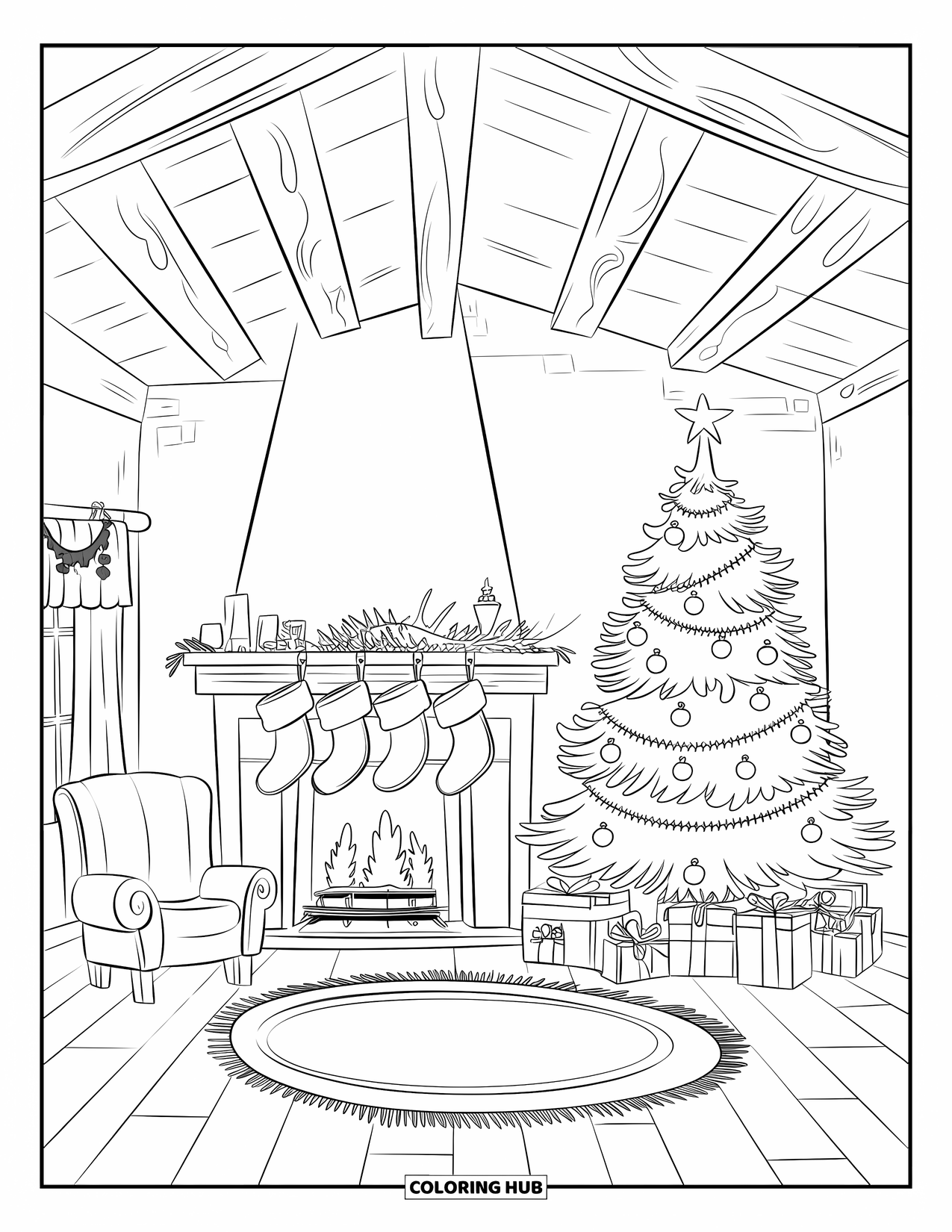December Coloring Page for Kids: Stockings hang by a fireplace in a cozy room with a holiday tree